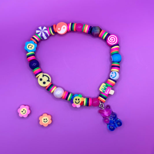 Y2K Beaded Bracelet, Multi-Color Kandi Rave Jewelry with Gummy Bear Charm