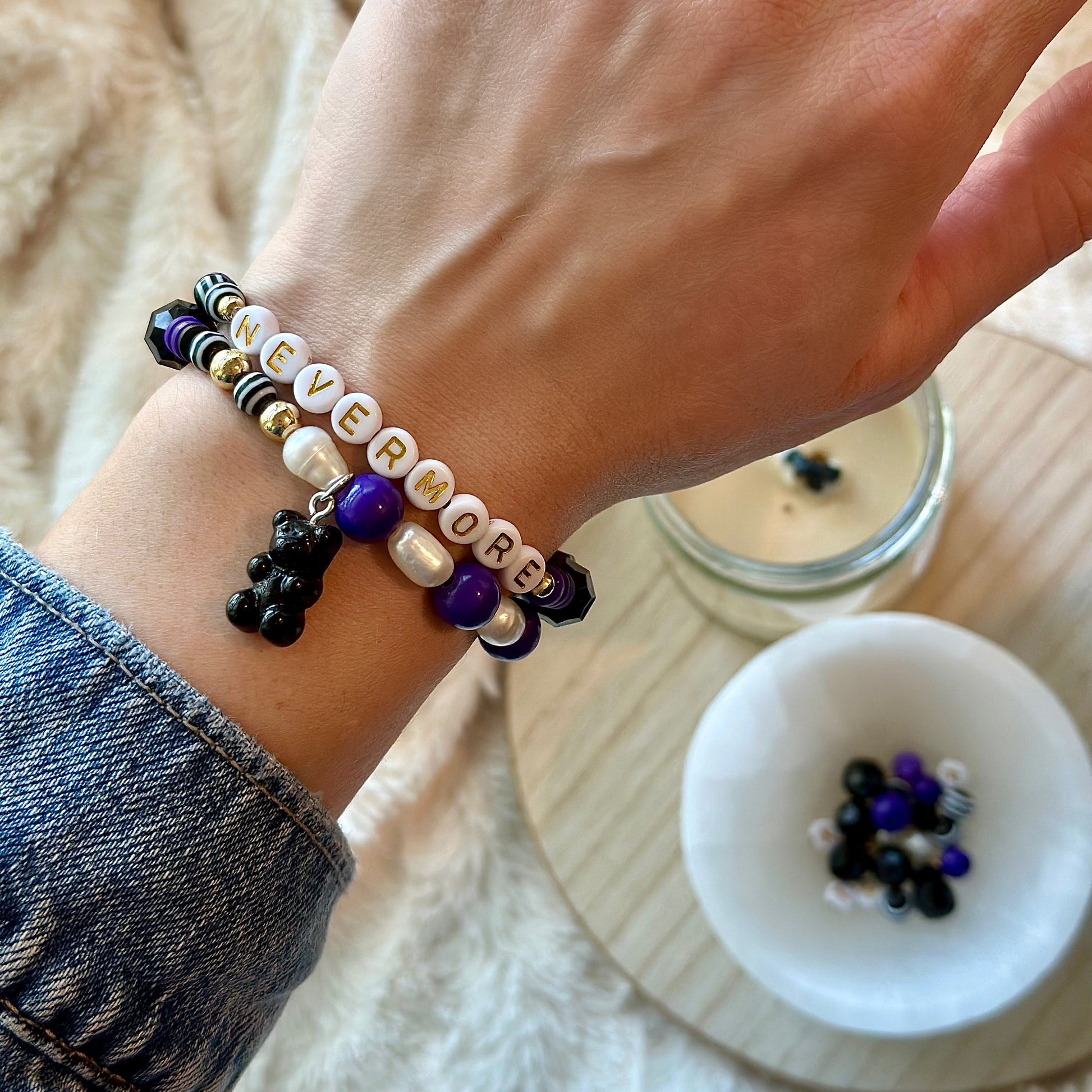 Nevermore Beaded Bracelet, Freshwater Pearl Goth Jewelry