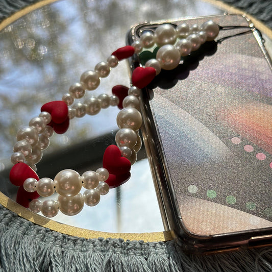 Pearls and Hearts Beaded Phone Charm, Y2K Cellphone Strap
