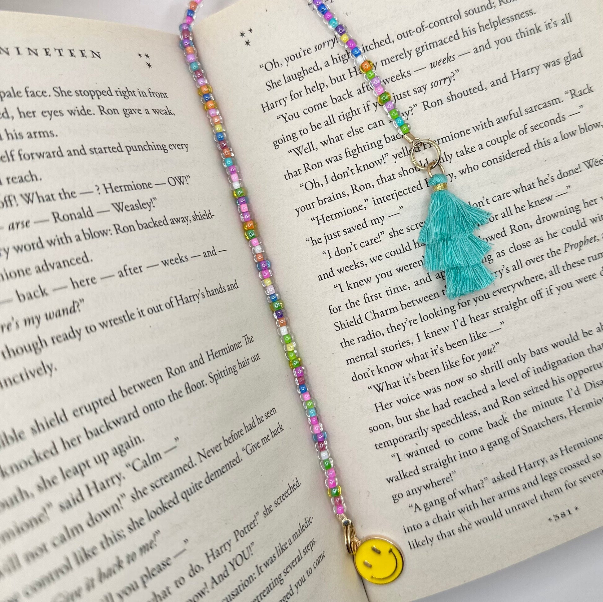 Custom Beaded Bookmark, Smiley Face Charm, Tassel, Gift for Reader, Book Lover Charm
