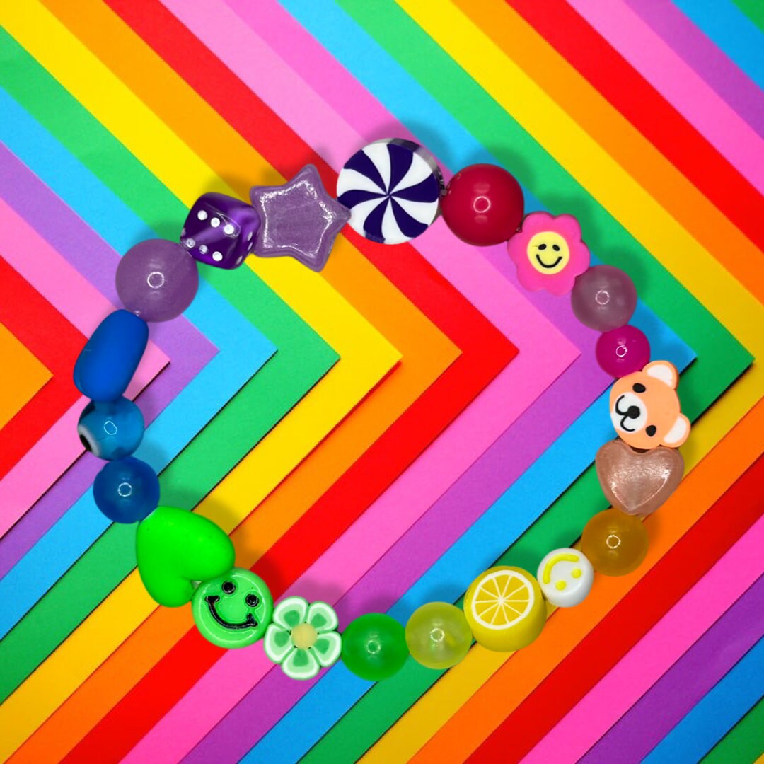 Rainbow Bead Stretch Bracelet: Y2K 90s Kandi Rave Charm Bracelet