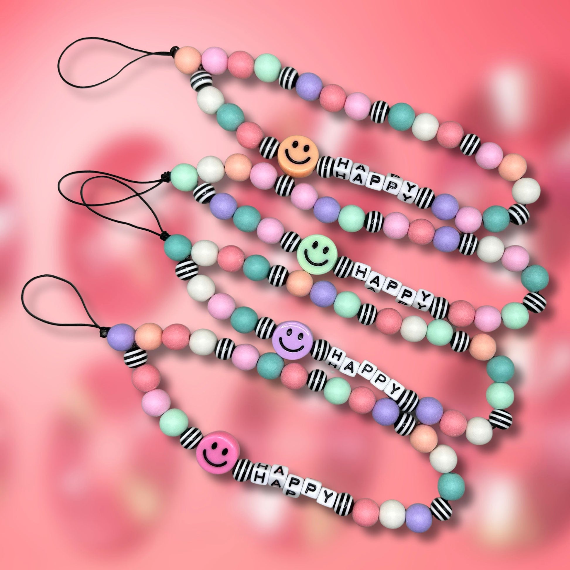 Happy Smiley Face Beaded Phone Charm: Y2K Cellphone Strap