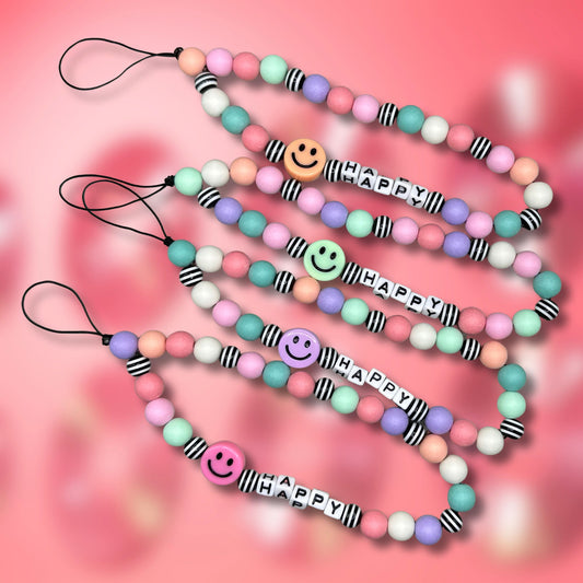Happy Smiley Face Beaded Phone Charm: Y2K Cellphone Strap
