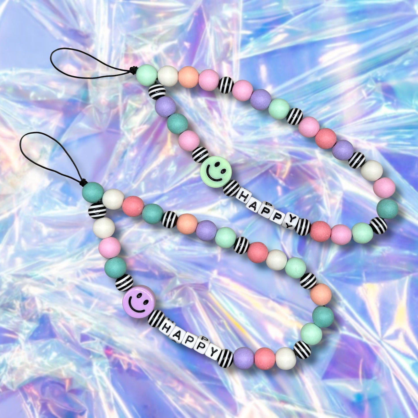 Happy Smiley Face Beaded Phone Charm: Y2K Cellphone Strap