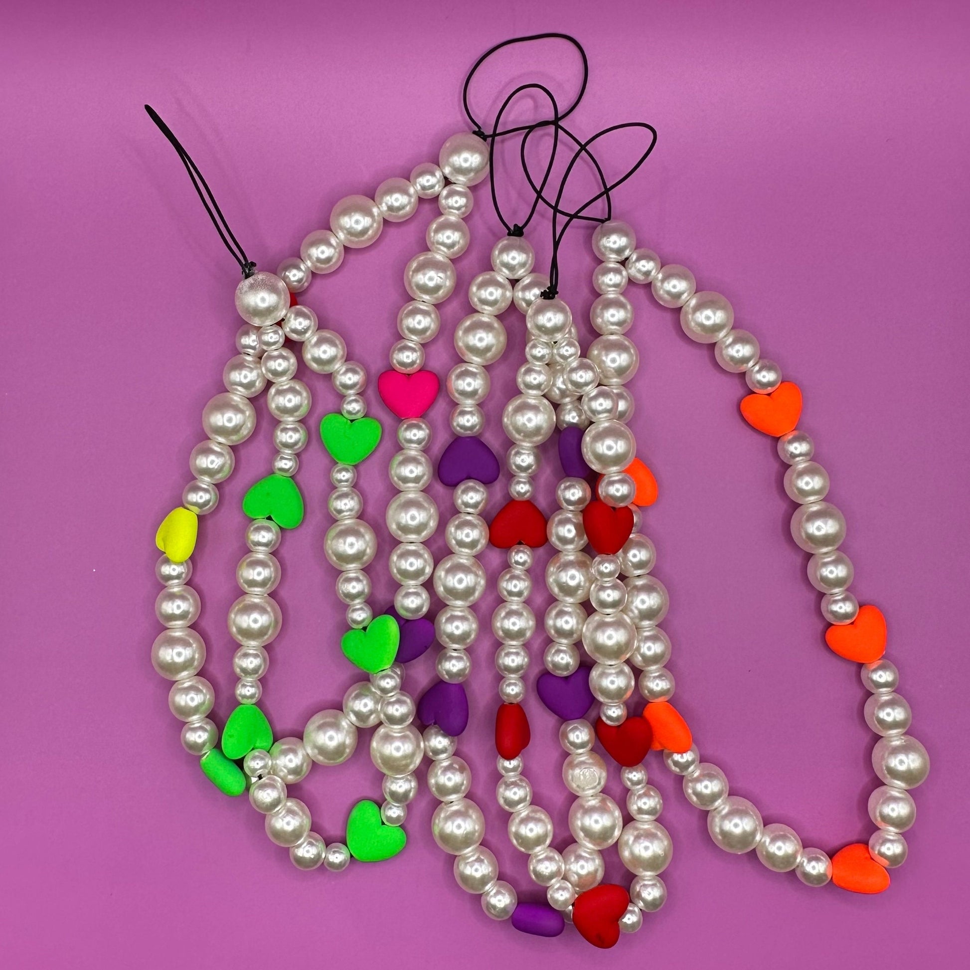 Pearls and Hearts Beaded Phone Charm, Y2K Cellphone Strap