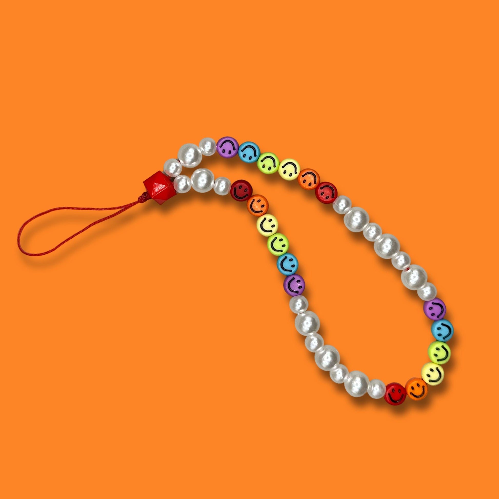 Rainbow Smiley Face Beaded Phone Charm with Pearl Beads