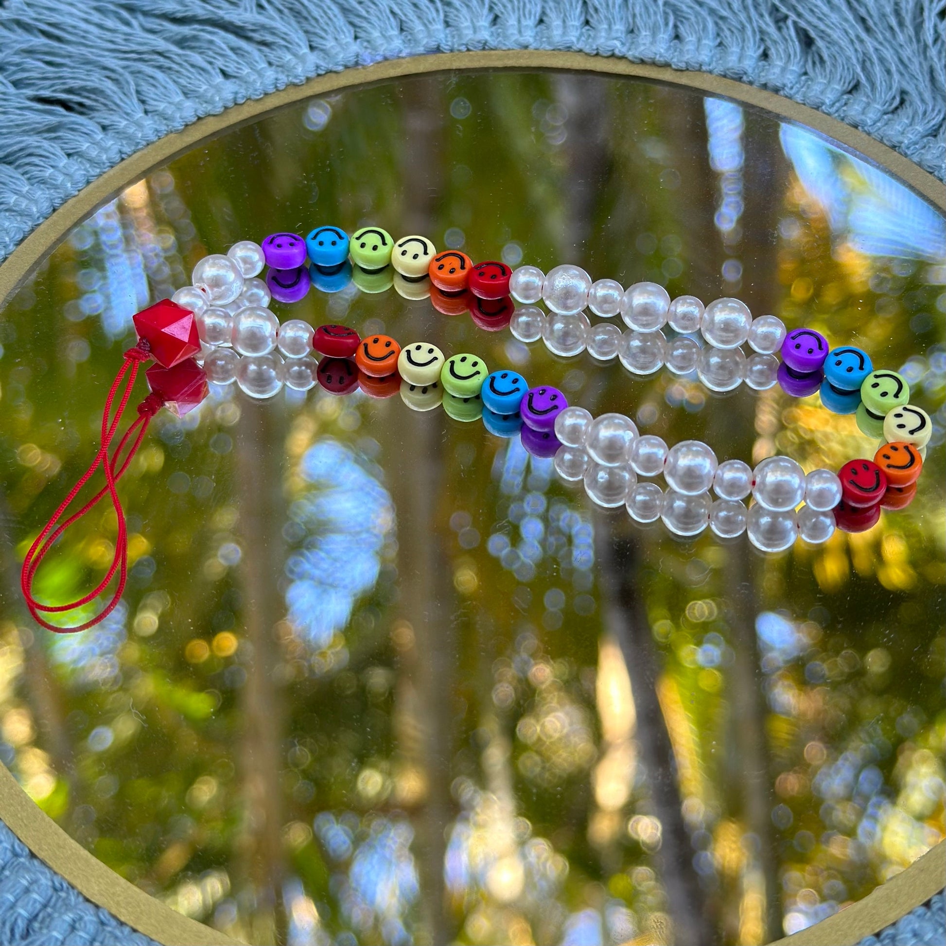Rainbow Smiley Face Beaded Phone Charm with Pearl Beads