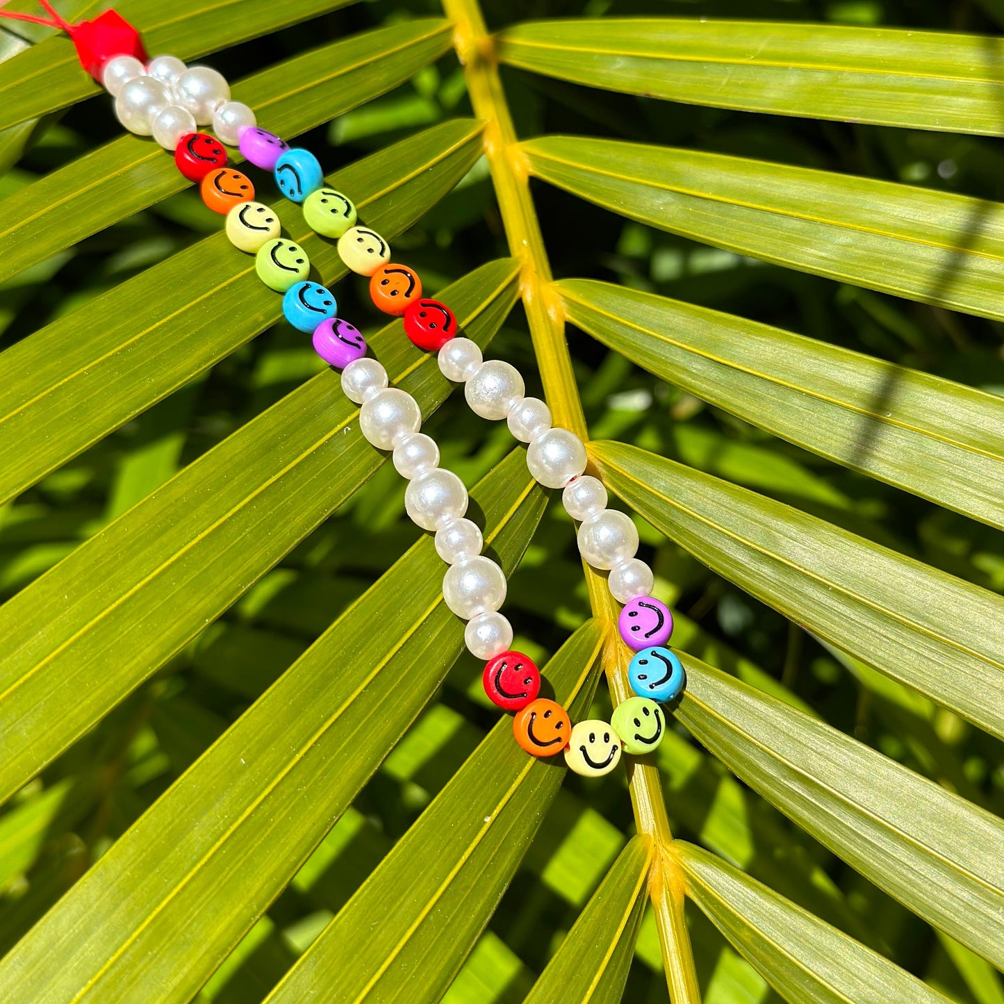 Rainbow Smiley Face Beaded Phone Charm with Pearl Beads