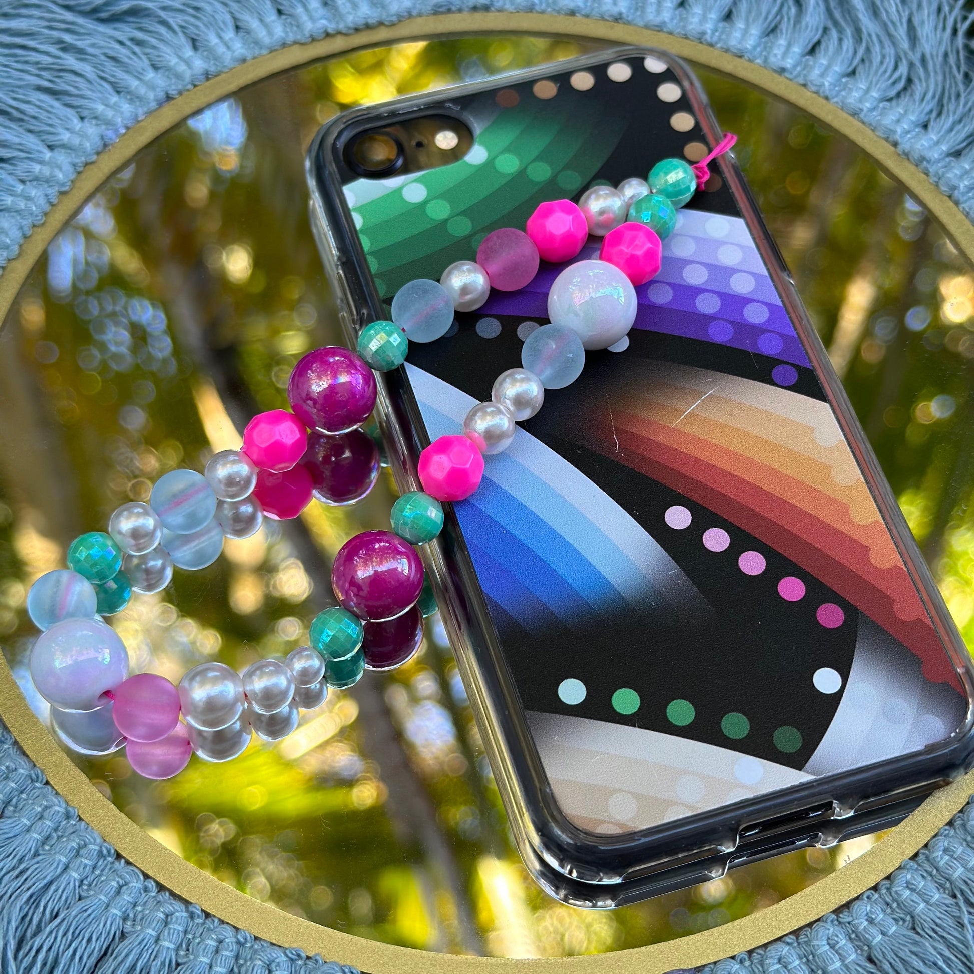 Pink & Teal Beaded Phone Charm, Y2K Cellphone Strap