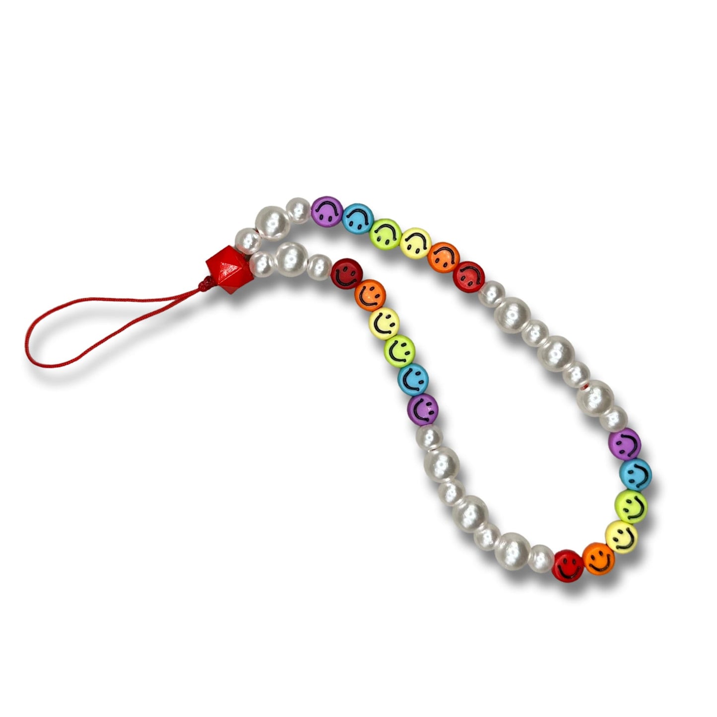 Rainbow Smiley Face Beaded Phone Charm with Pearl Beads