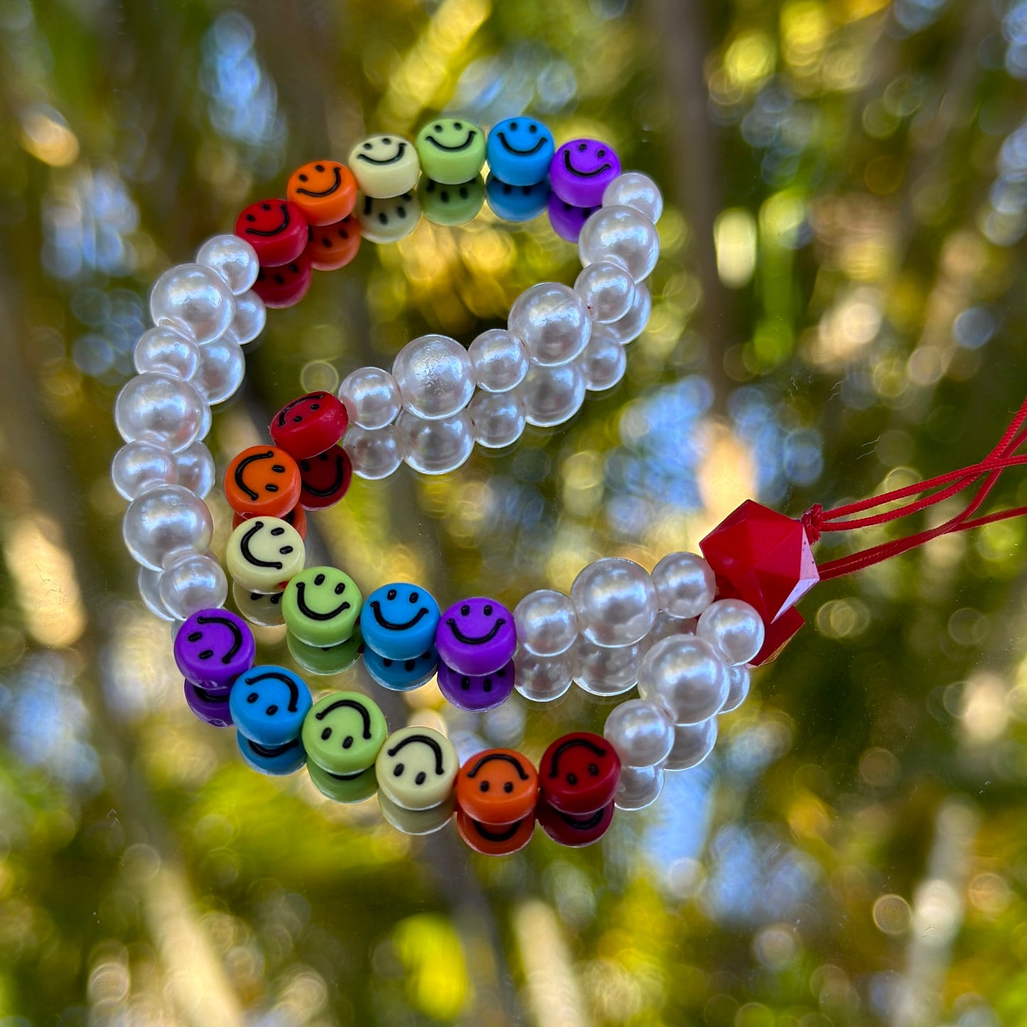 Rainbow Smiley Face Beaded Phone Charm with Pearl Beads