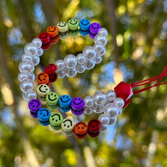 Rainbow Smiley Face Beaded Phone Charm with Pearl Beads
