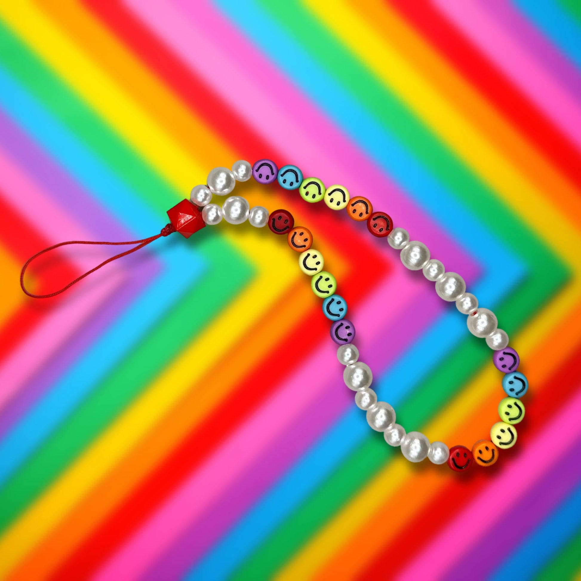 Rainbow Smiley Face Beaded Phone Charm with Pearl Beads