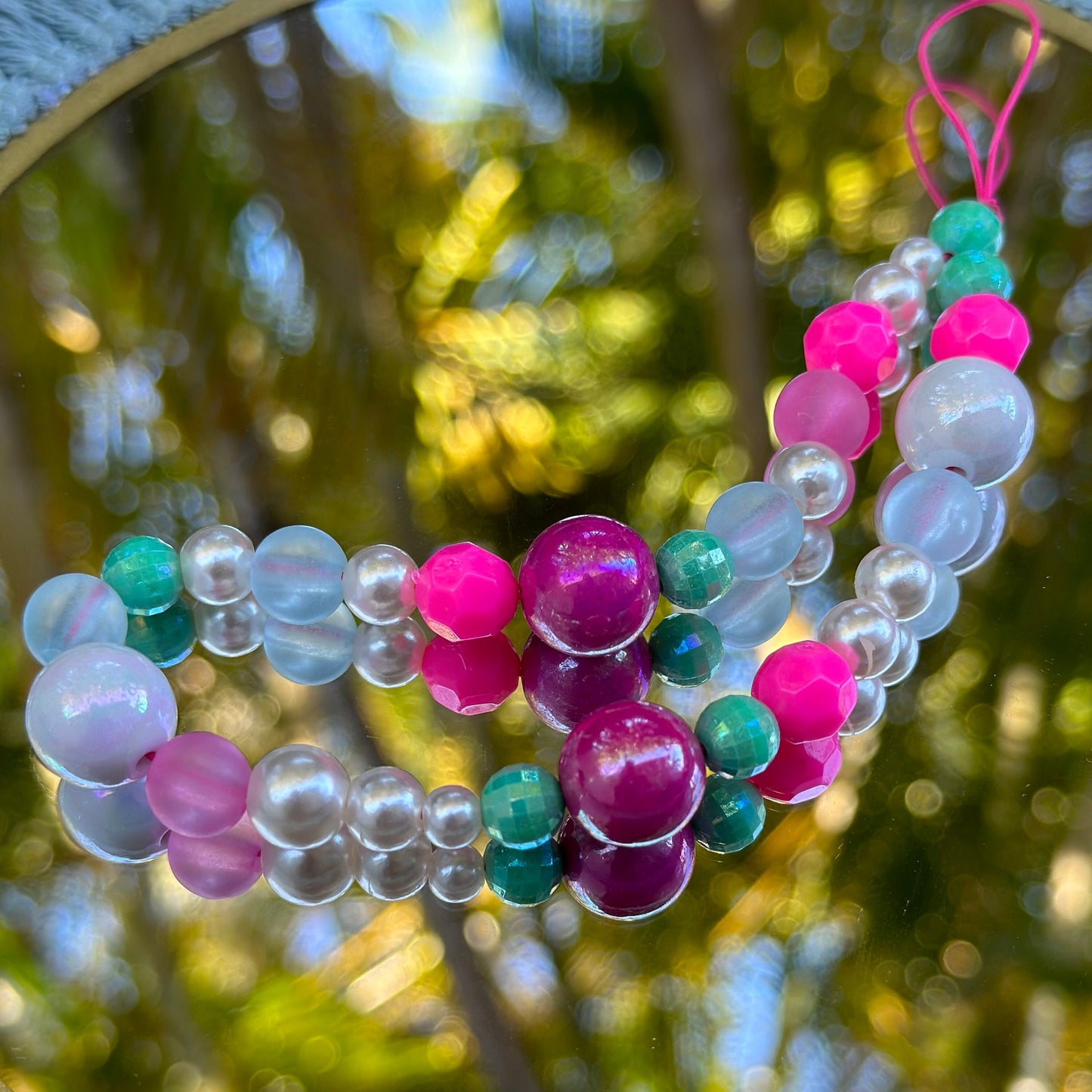 Pink & Teal Beaded Phone Charm, Y2K Cellphone Strap