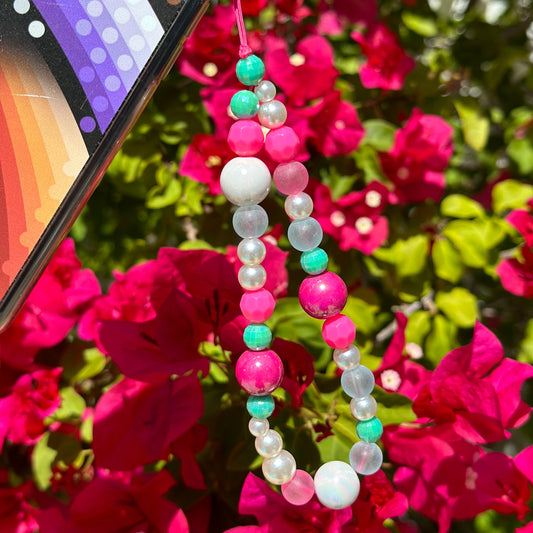 Pink & Teal Beaded Phone Charm, Y2K Cellphone Strap