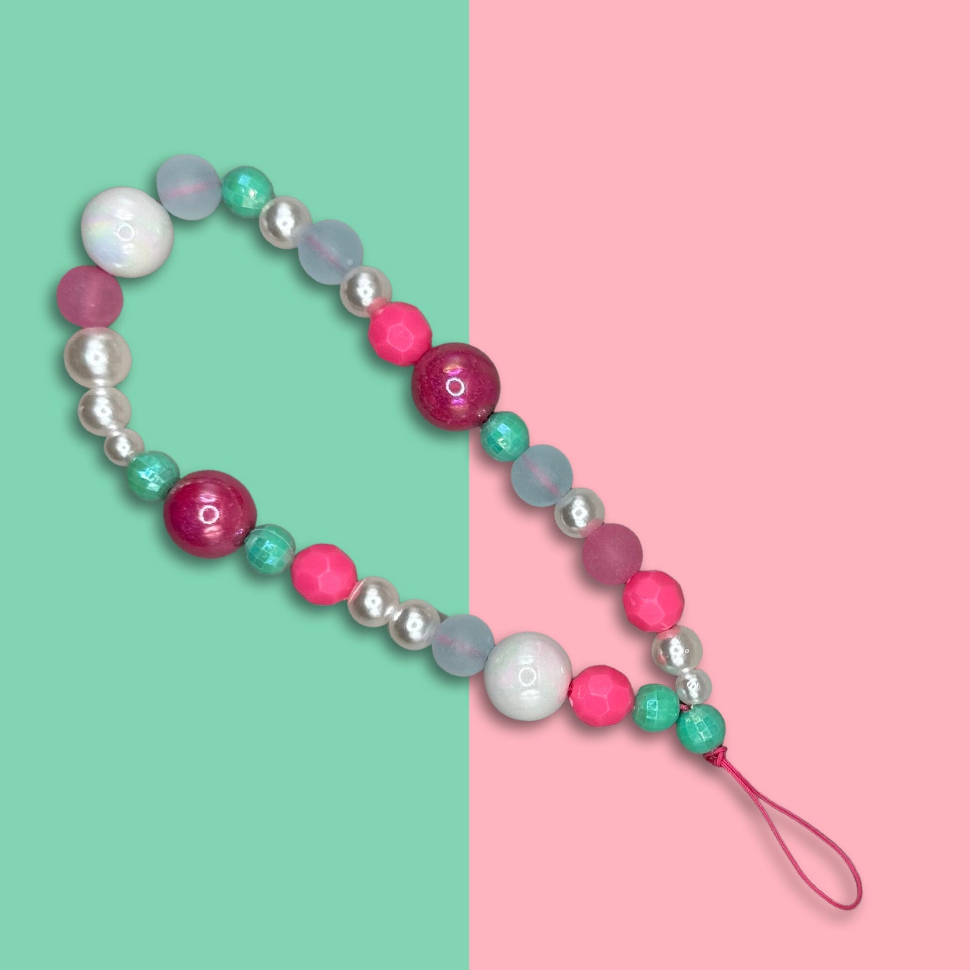 Pink & Teal Beaded Phone Charm, Y2K Cellphone Strap