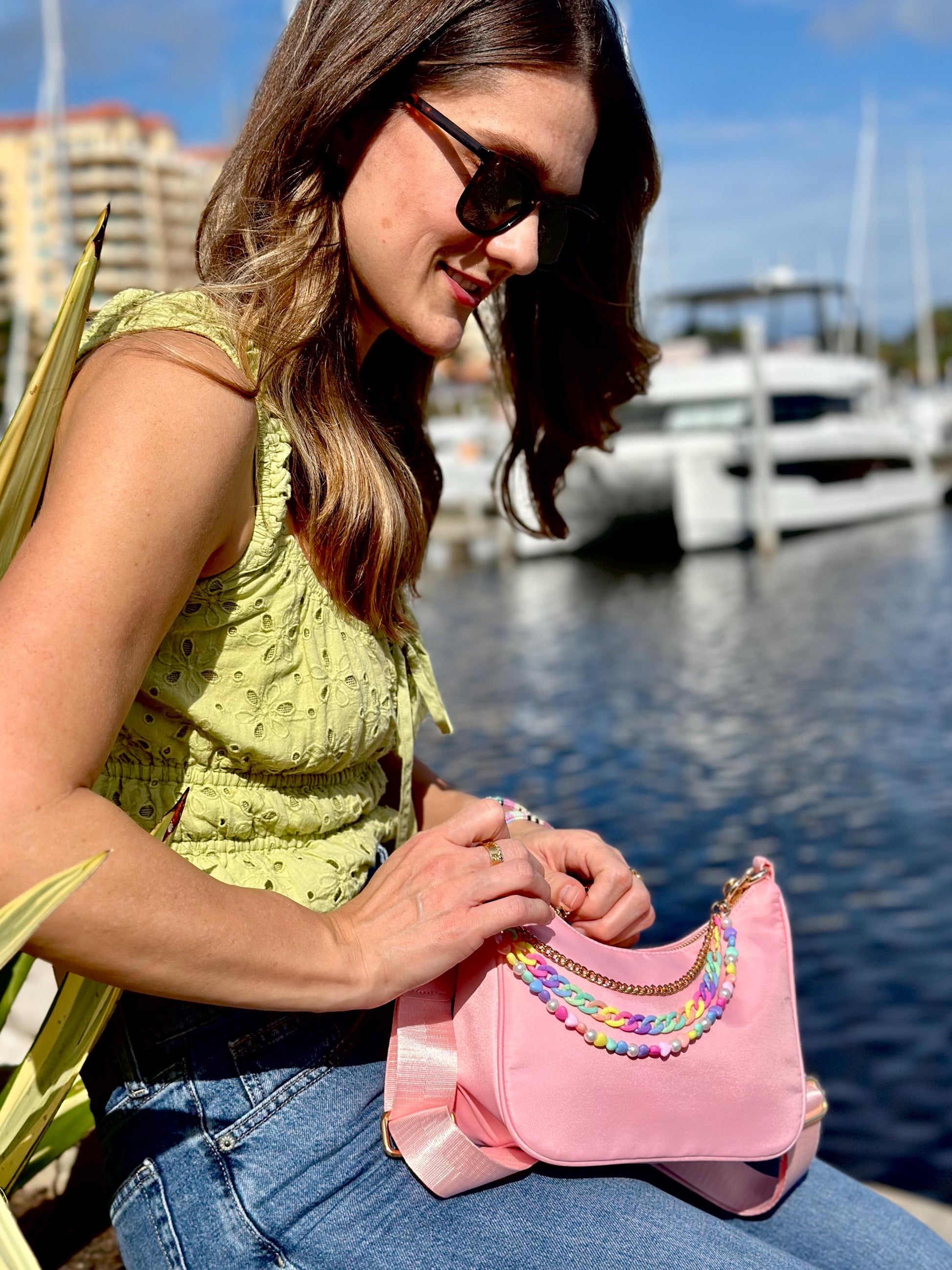 Pink Nylon Crossbody Purse, Y2K Pastel Beaded Charm Shoulder Bag