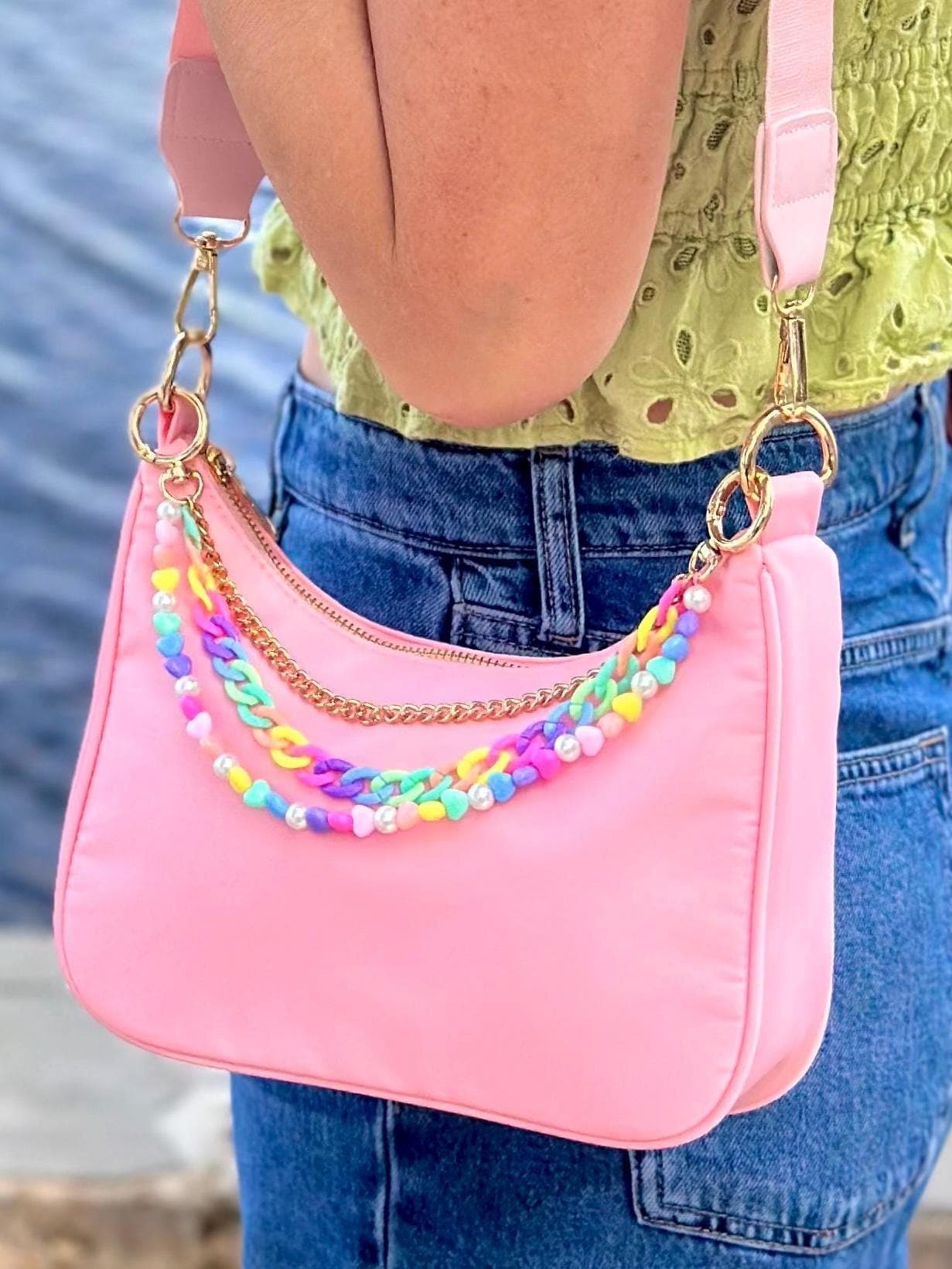 Pink Nylon Crossbody Purse, Y2K Pastel Beaded Charm Shoulder Bag