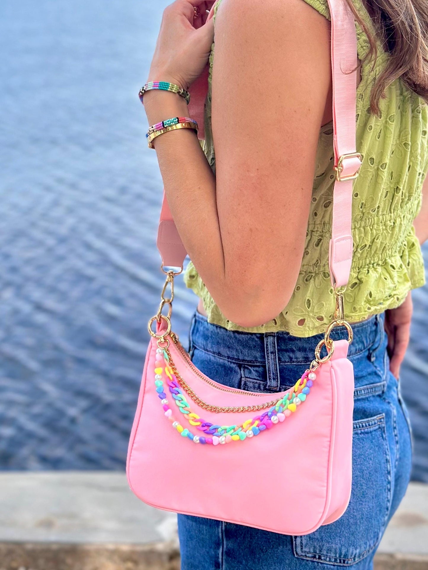 Pink Nylon Crossbody Purse, Y2K Pastel Beaded Charm Shoulder Bag