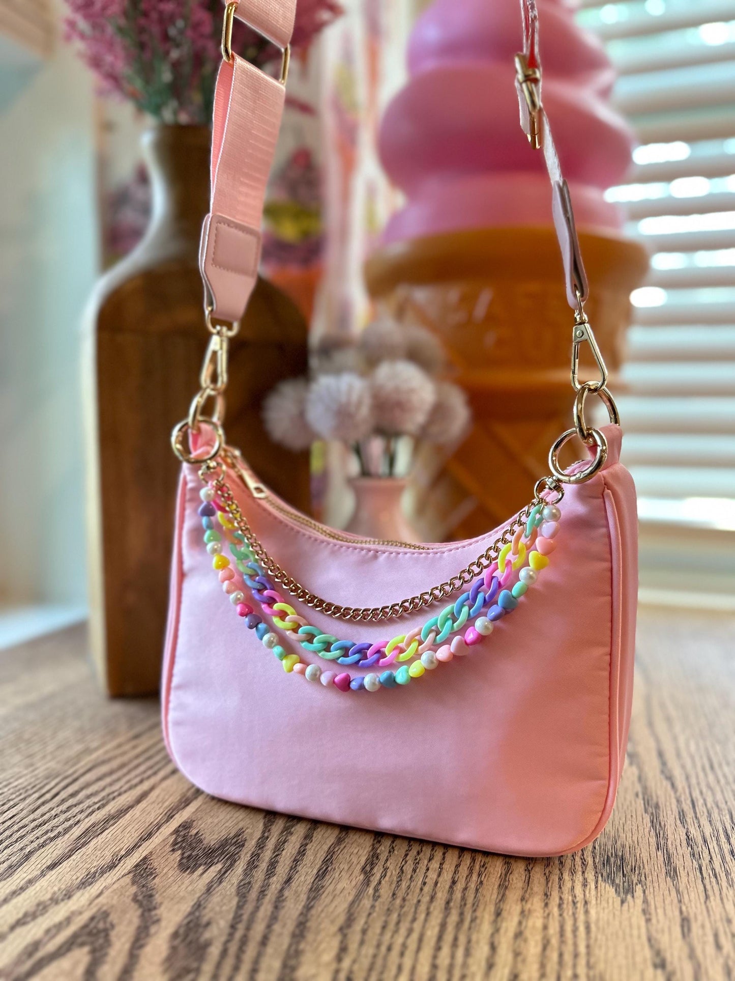 Pink Nylon Crossbody Purse, Y2K Pastel Beaded Charm Shoulder Bag