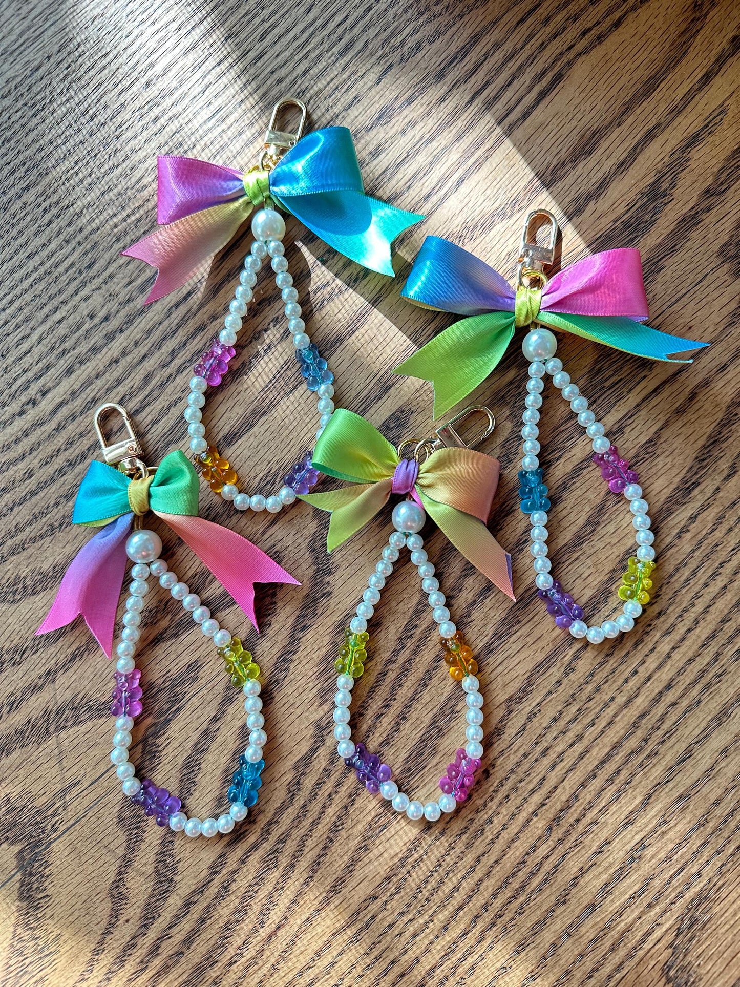 Rainbow Gummy Bear Purse Charm, Y2K Keychain with Pearls, Ombre Ribbon Bow
