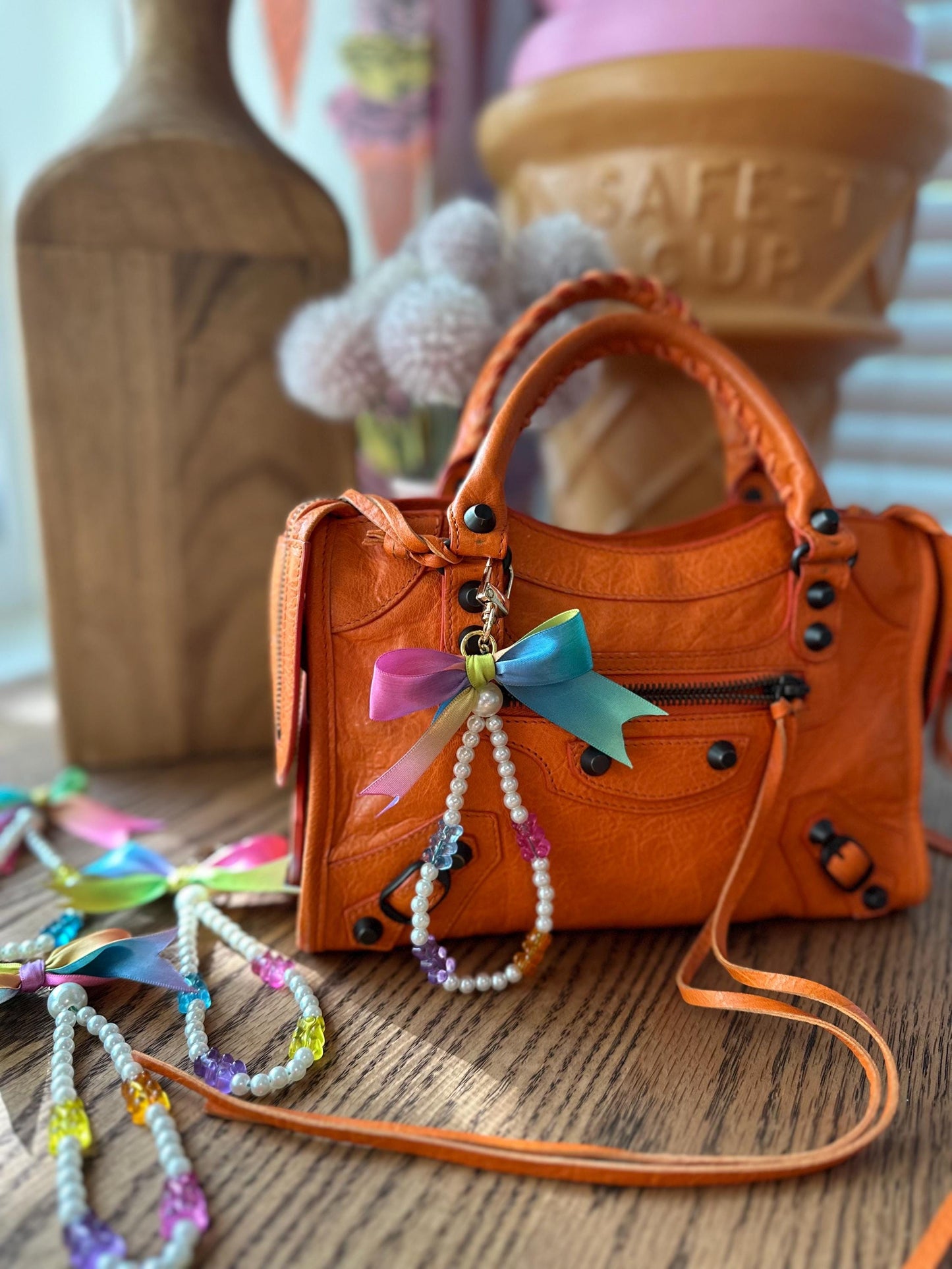 Rainbow Gummy Bear Purse Charm, Y2K Keychain with Pearls, Ombre Ribbon Bow