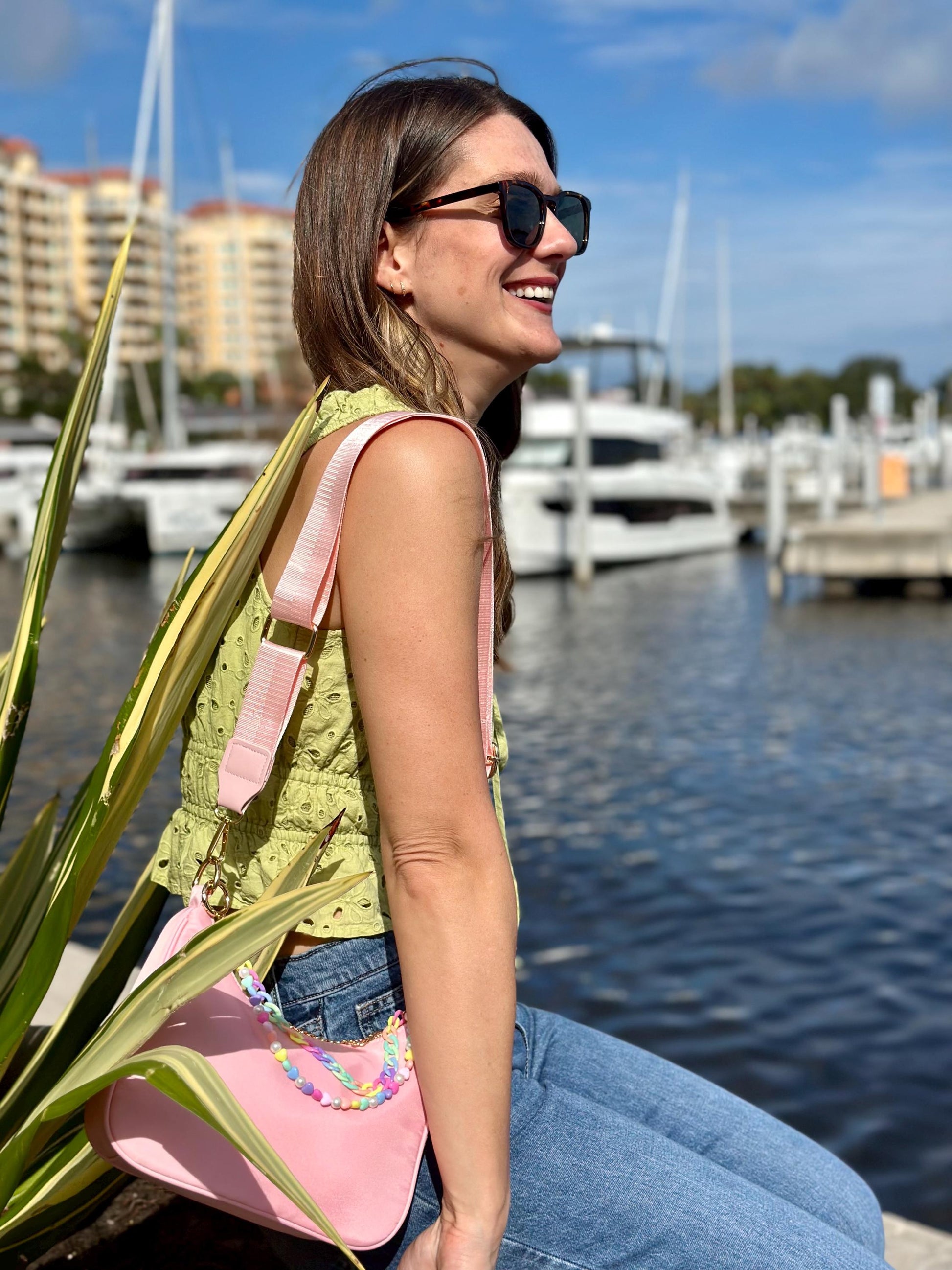 Pink Nylon Crossbody Purse, Y2K Pastel Beaded Charm Shoulder Bag