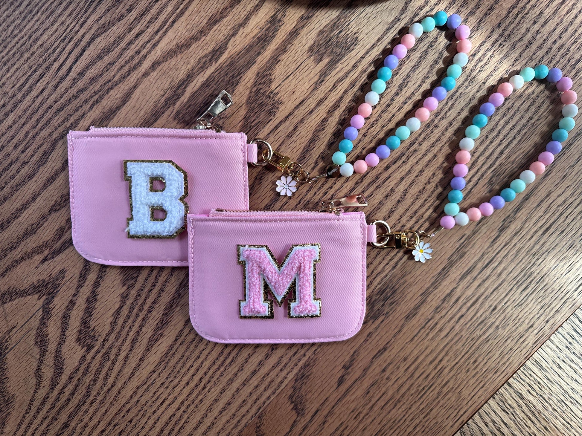 Custom Monogram Pink Nylon Coin Purse, Beaded Wristlet, Y2K Kawaii