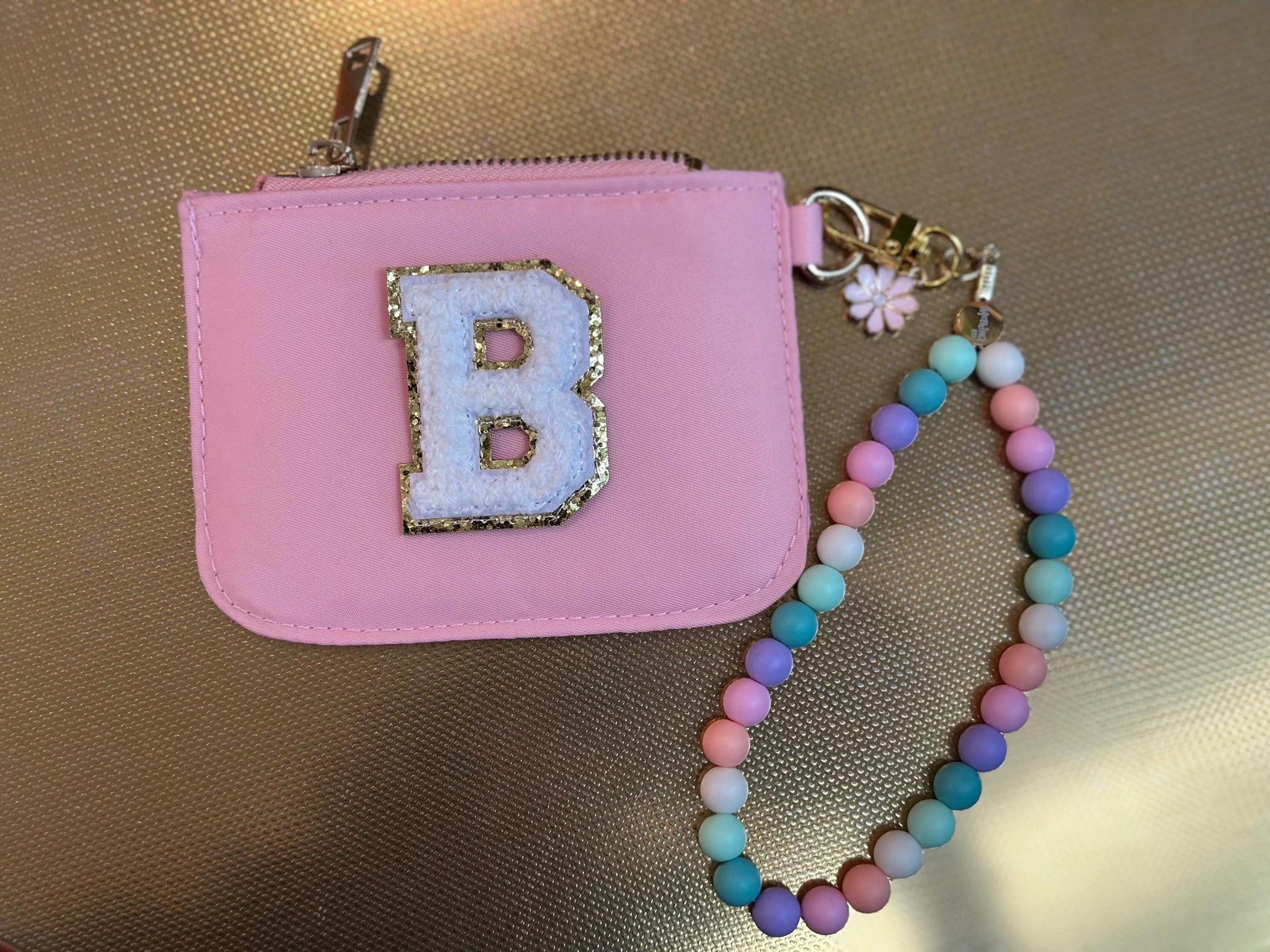 Custom Monogram Pink Nylon Coin Purse, Beaded Wristlet, Y2K Kawaii