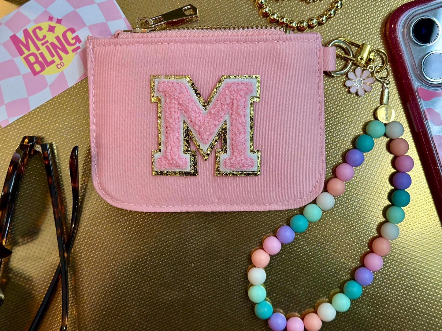 Custom Monogram Pink Nylon Coin Purse, Beaded Wristlet, Y2K Kawaii