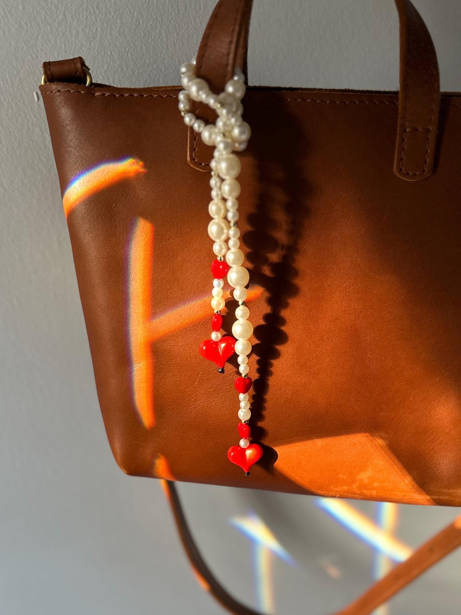 Red Heart & Pearl Purse Charm, Retro Beaded Bag Accessory, Handbag Jewelry