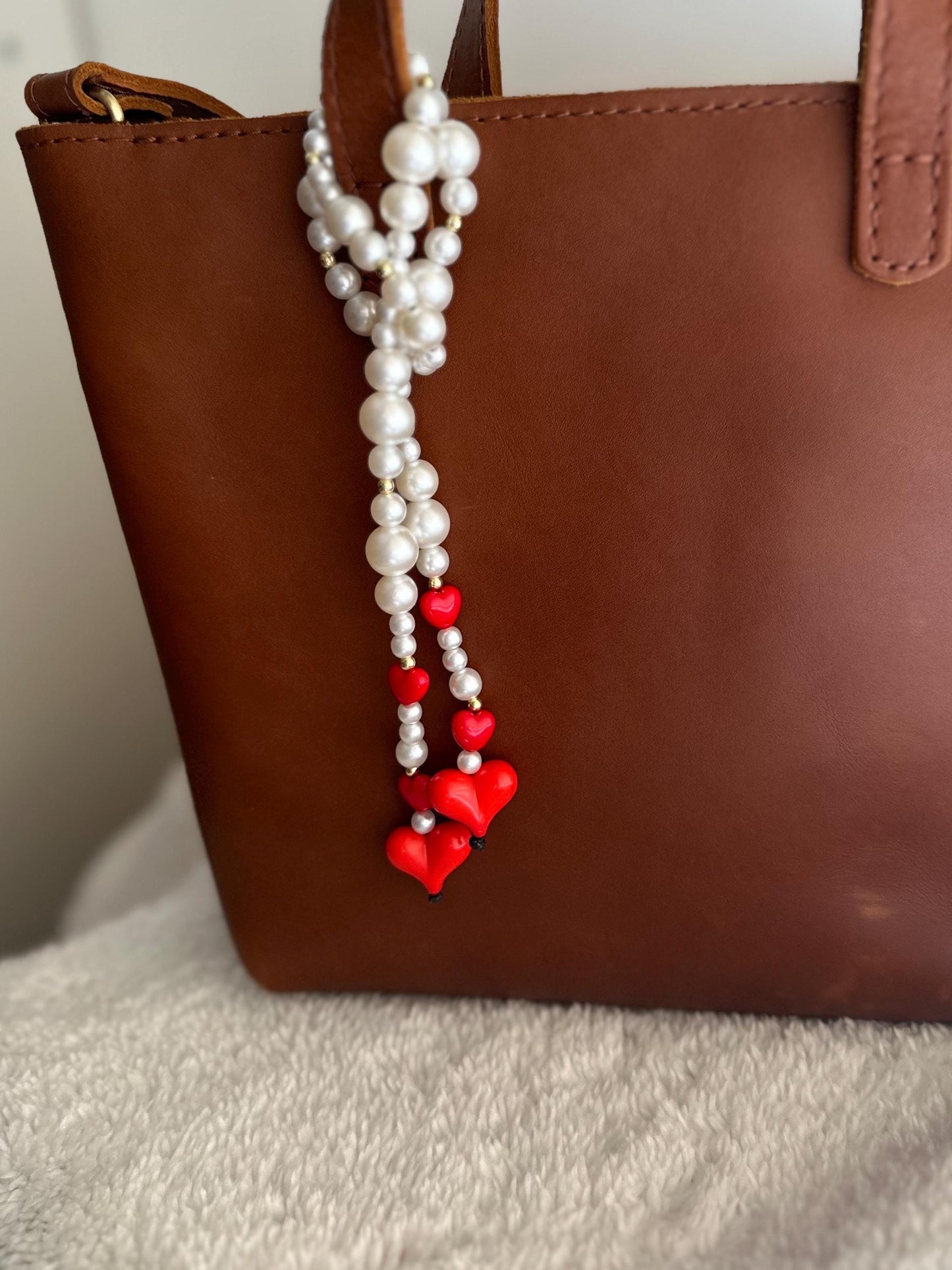 Red Heart & Pearl Purse Charm, Retro Beaded Bag Accessory, Handbag Jewelry