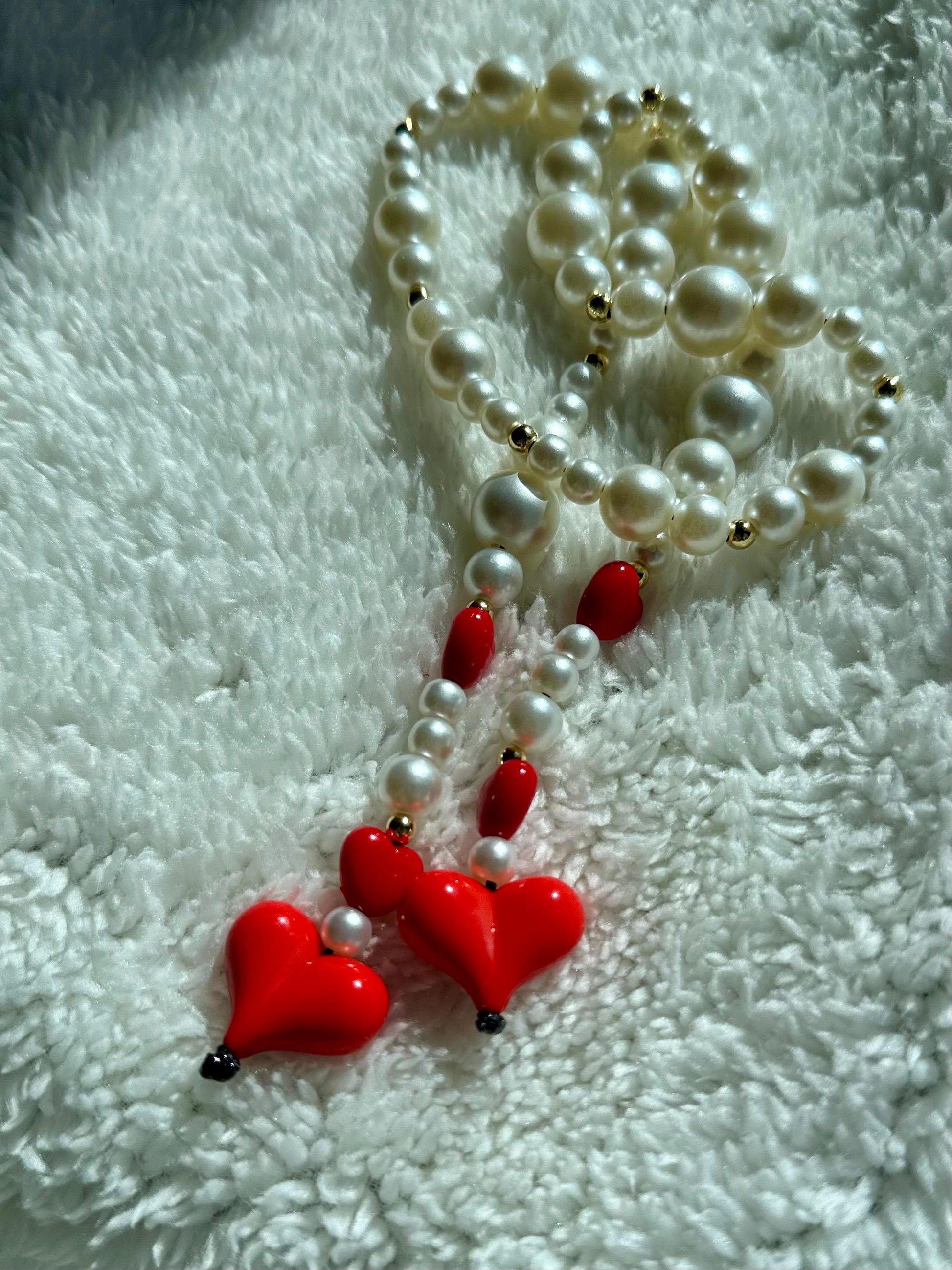 Red Heart & Pearl Purse Charm, Retro Beaded Bag Accessory, Handbag Jewelry