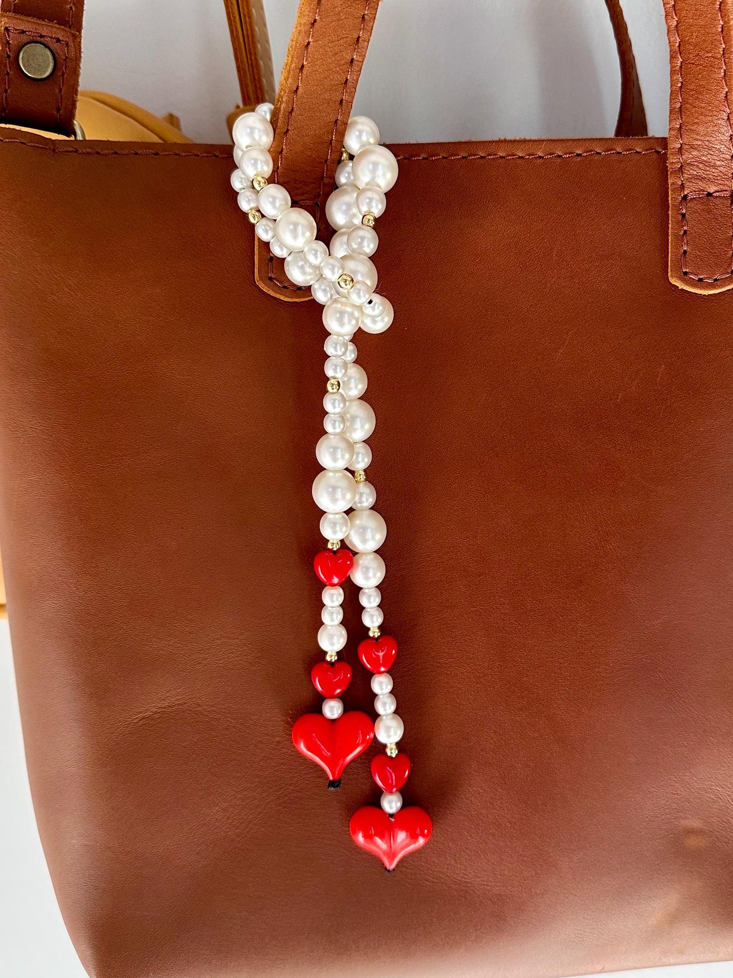 Red Heart & Pearl Purse Charm, Retro Beaded Bag Accessory, Handbag Jewelry