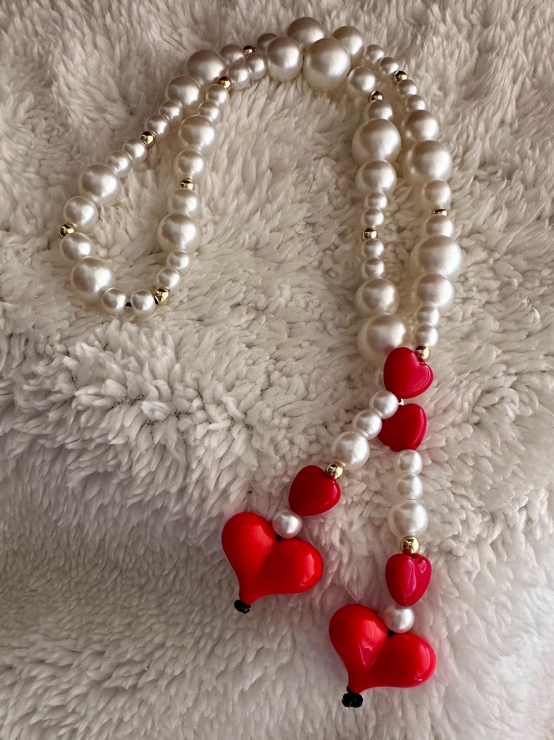 Red Heart & Pearl Purse Charm, Retro Beaded Bag Accessory, Handbag Jewelry
