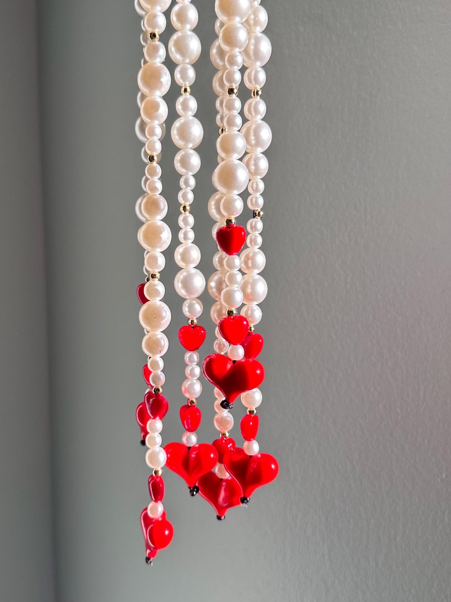 Red Heart & Pearl Purse Charm, Retro Beaded Bag Accessory, Handbag Jewelry