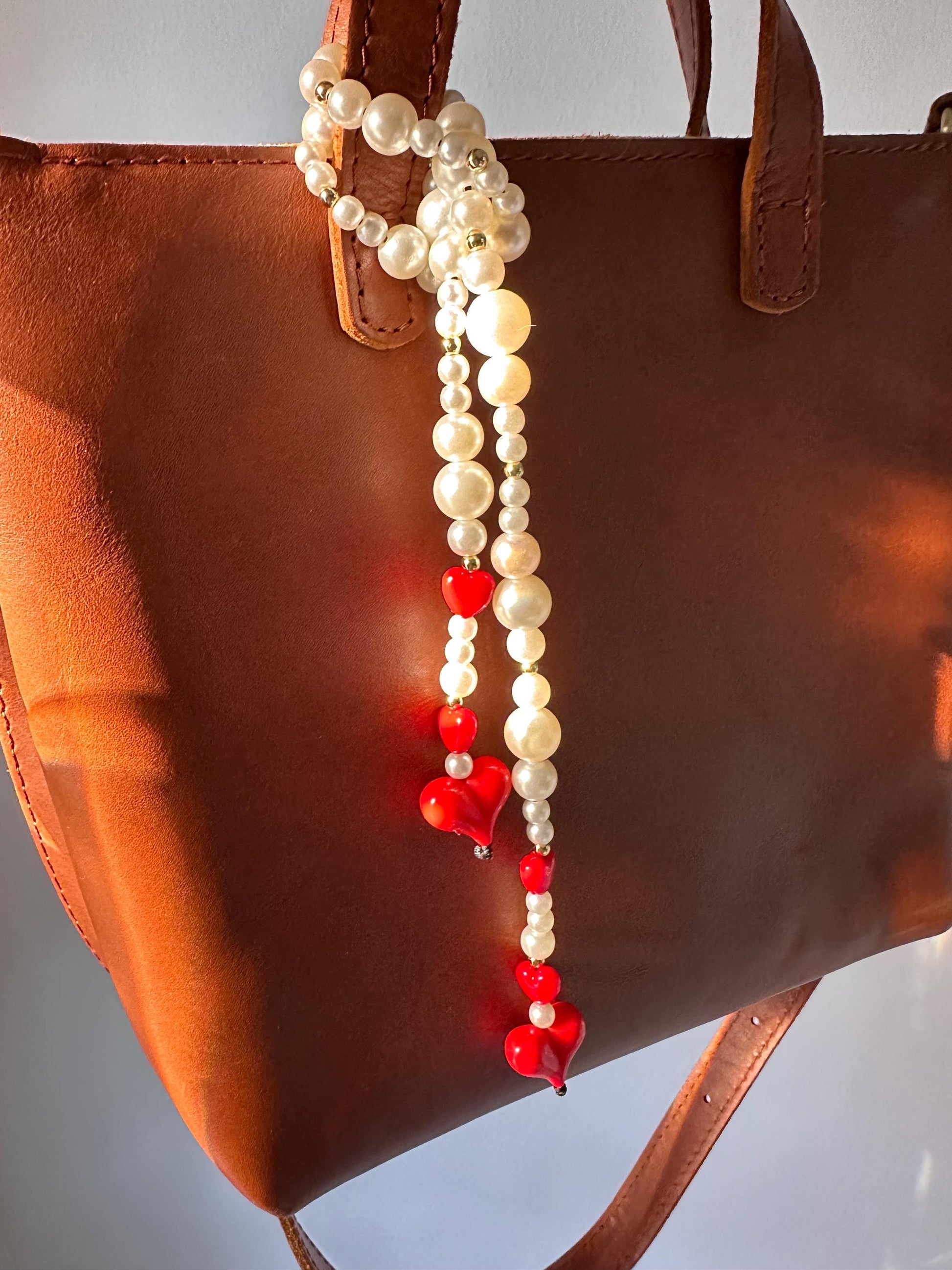 Red Heart & Pearl Purse Charm, Retro Beaded Bag Accessory, Handbag Jewelry