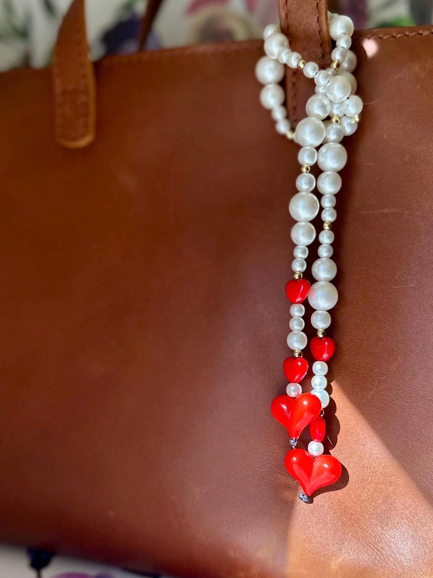 Red Heart & Pearl Purse Charm, Retro Beaded Bag Accessory, Handbag Jewelry