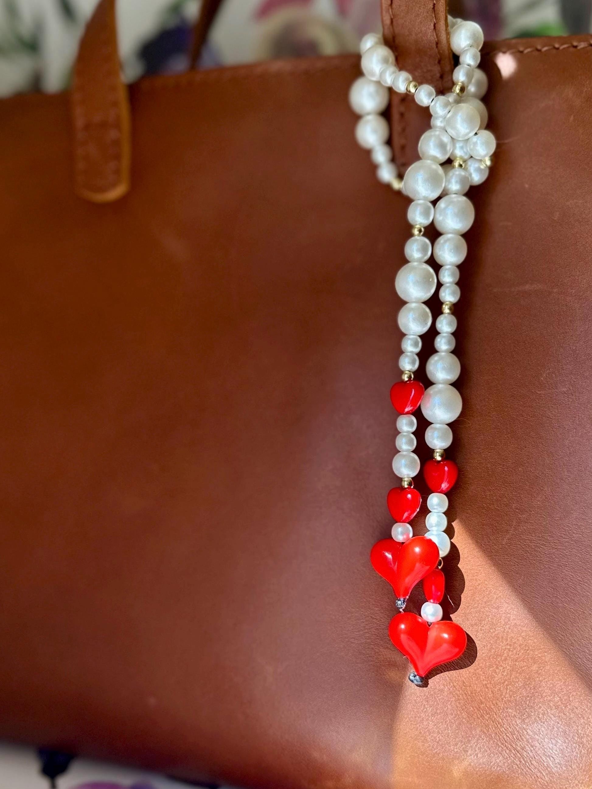 Red Heart & Pearl Purse Charm, Retro Beaded Bag Accessory, Handbag Jewelry