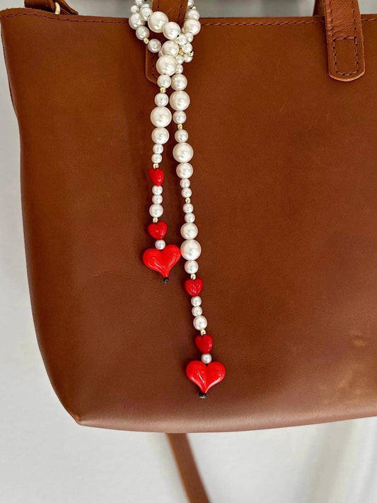 Red Heart & Pearl Purse Charm, Retro Beaded Bag Accessory, Handbag Jewelry