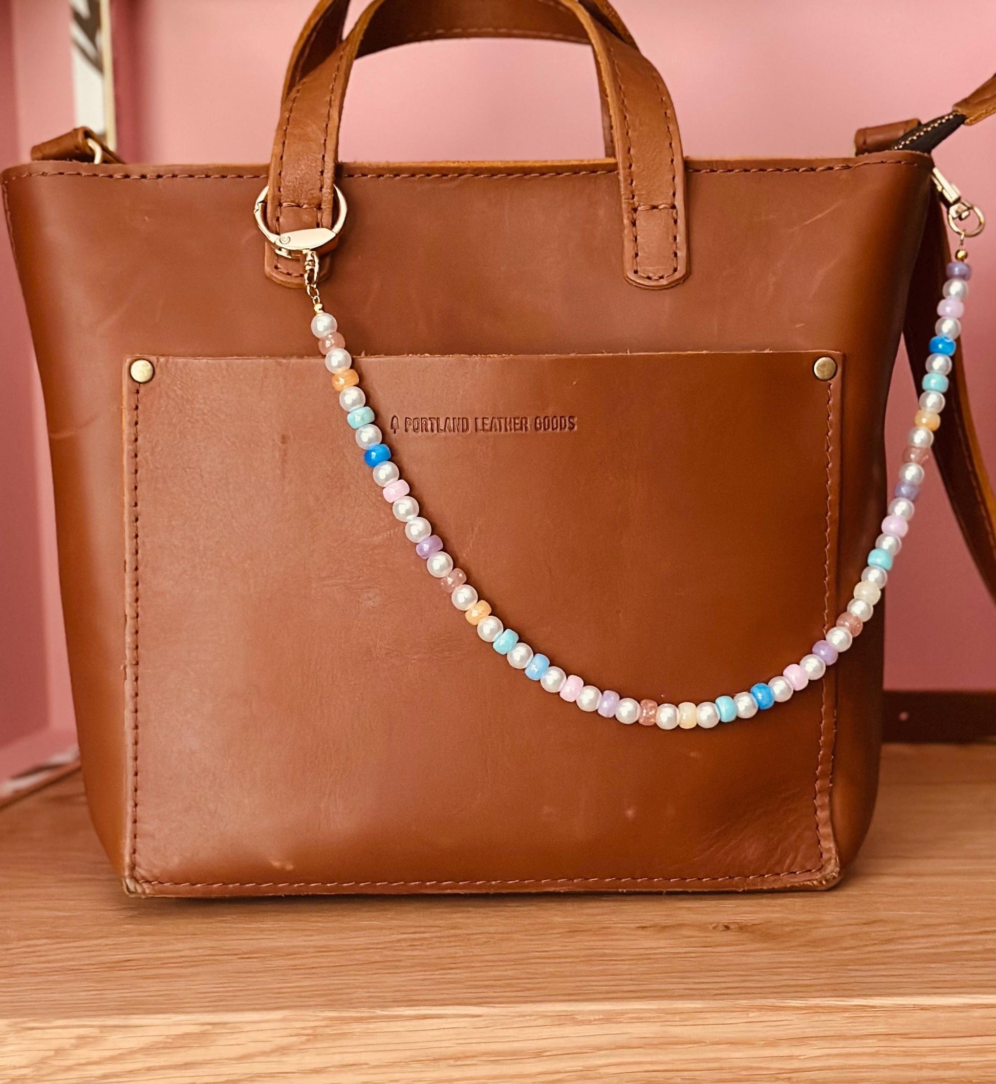 Pastel Rainbow Beaded Purse Charm: Pearl Bag Strap Jewelry, Retro Dainty Handbag Chain