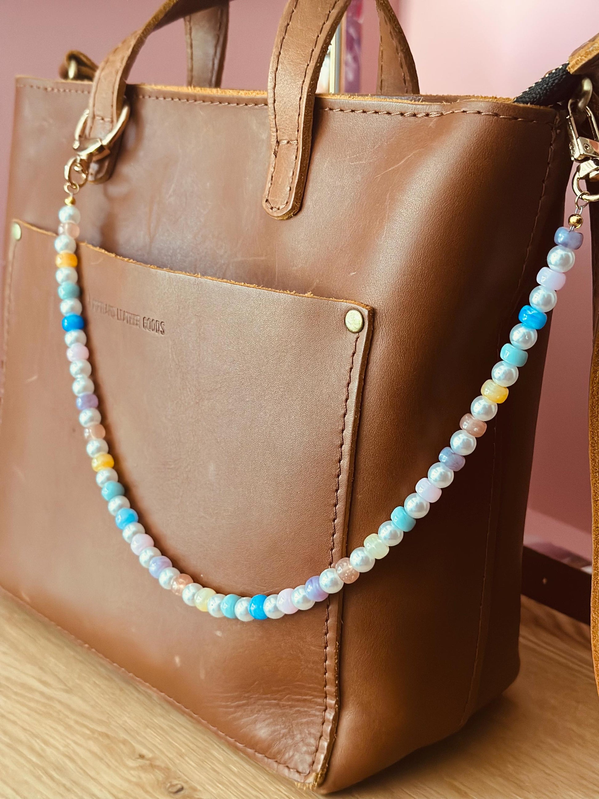 Pastel Rainbow Beaded Purse Charm: Pearl Bag Strap Jewelry, Retro Dainty Handbag Chain