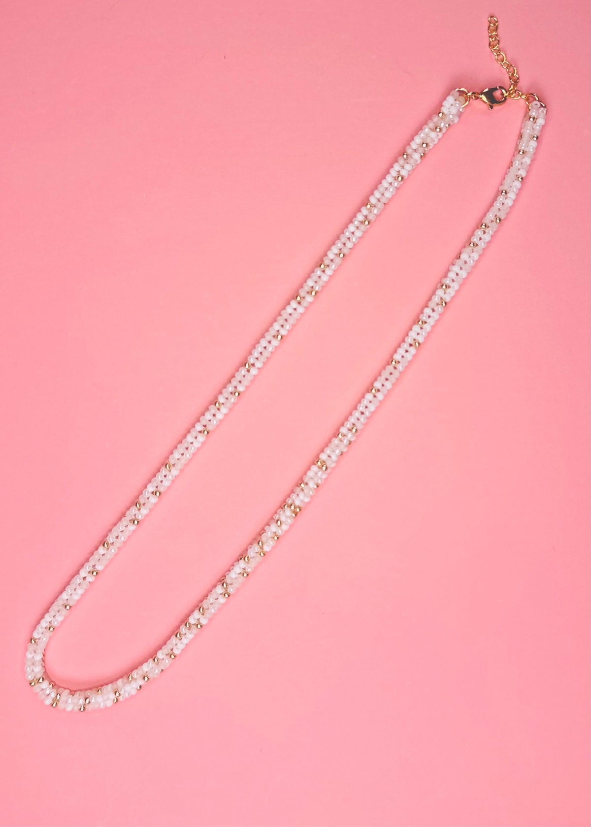 White and Gold Choker Rope Necklace handmade with Japanese Seed Beads