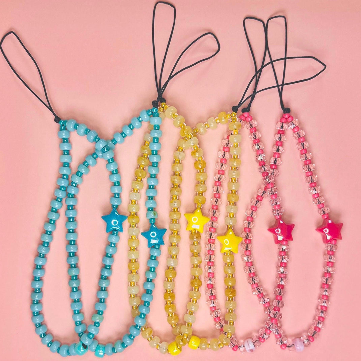 Beaded Celestial Phone Charm in Aqua, Pink, and Yellow. Star Cellphone Strap