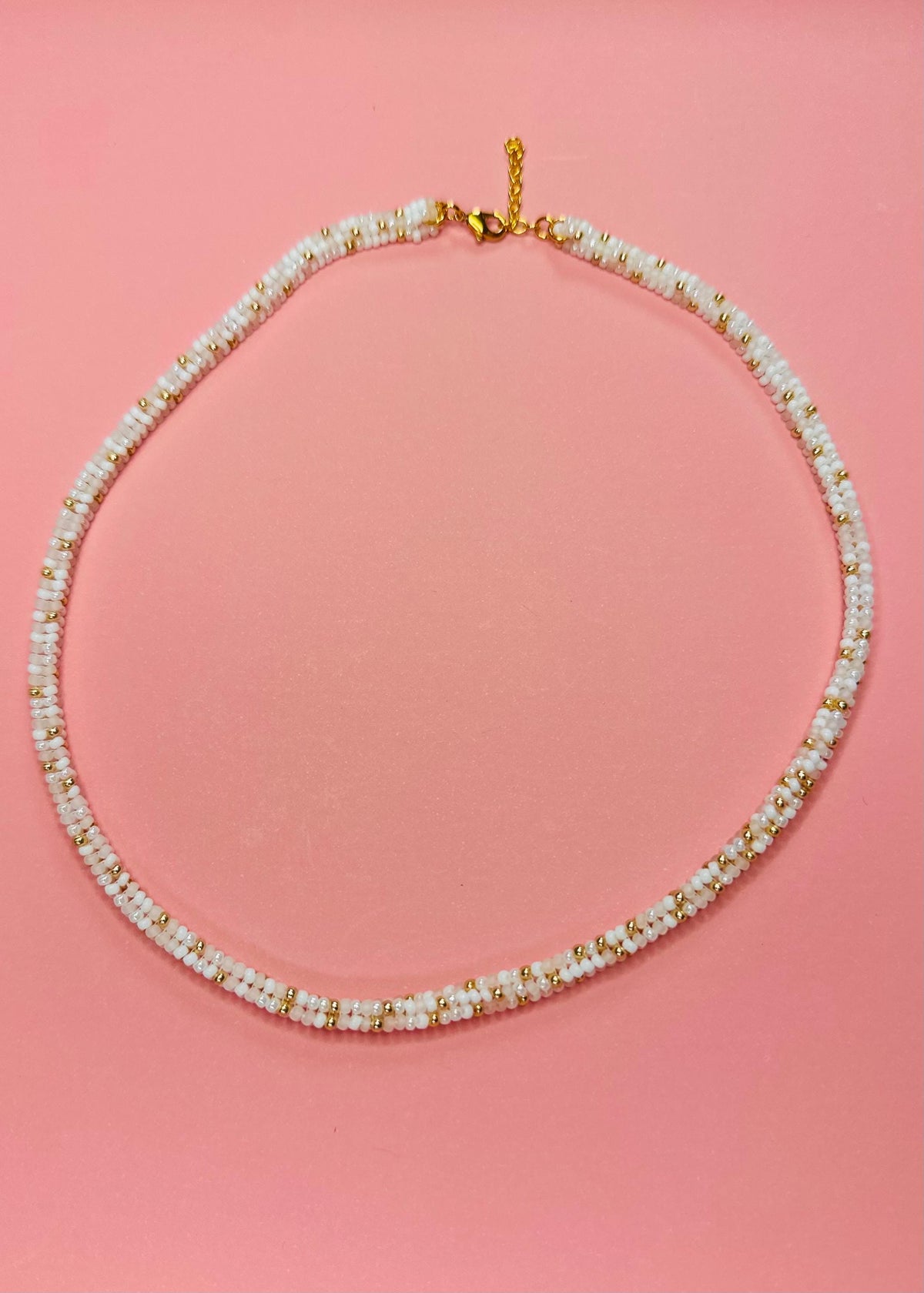 White and Gold Choker Rope Necklace handmade with Japanese Seed Beads