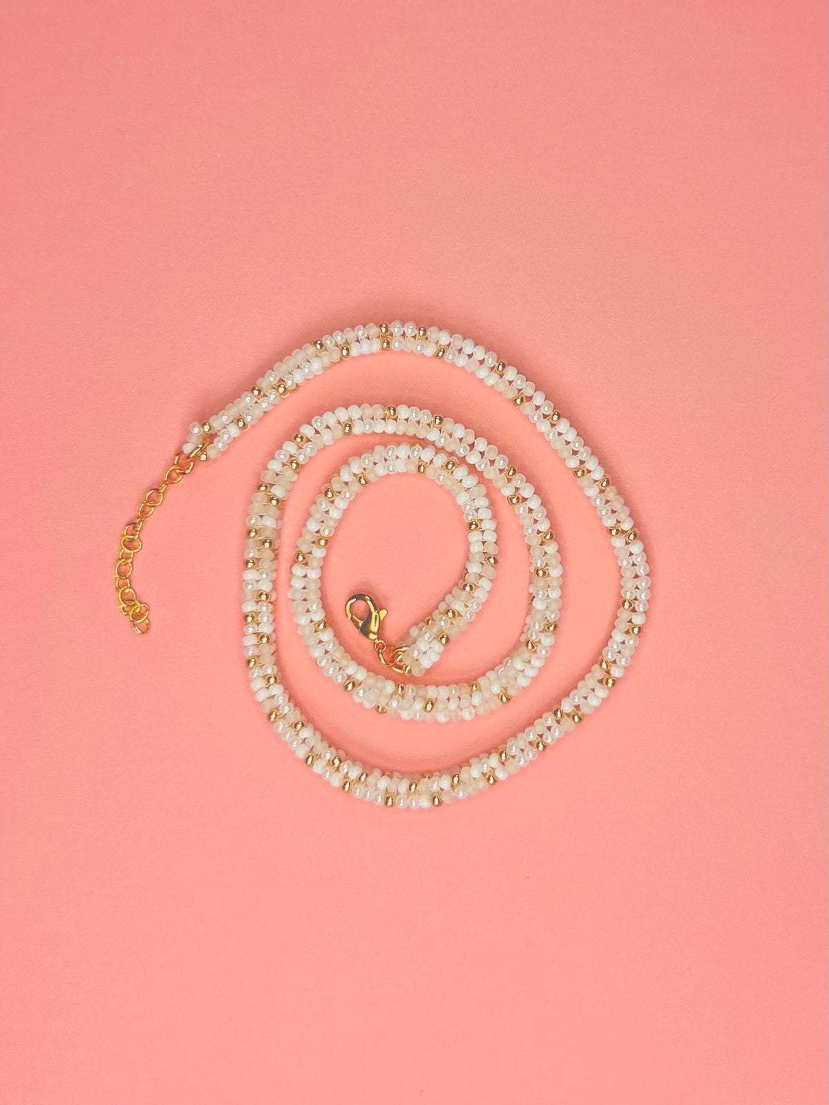 White and Gold Choker Rope Necklace handmade with Japanese Seed Beads