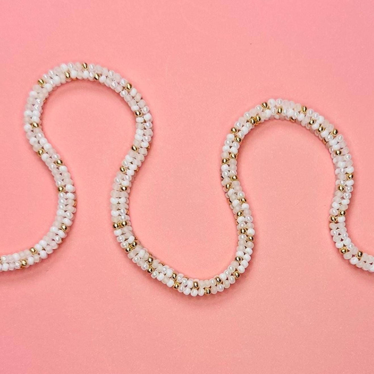 White and Gold Choker Rope Necklace handmade with Japanese Seed Beads