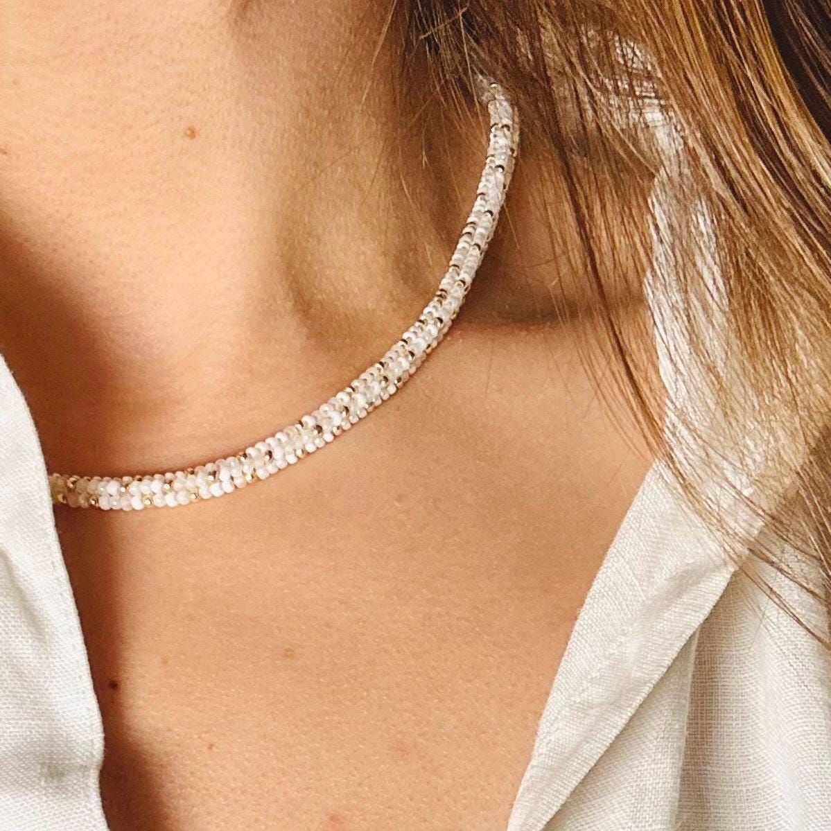 White and Gold Choker Rope Necklace handmade with Japanese Seed Beads
