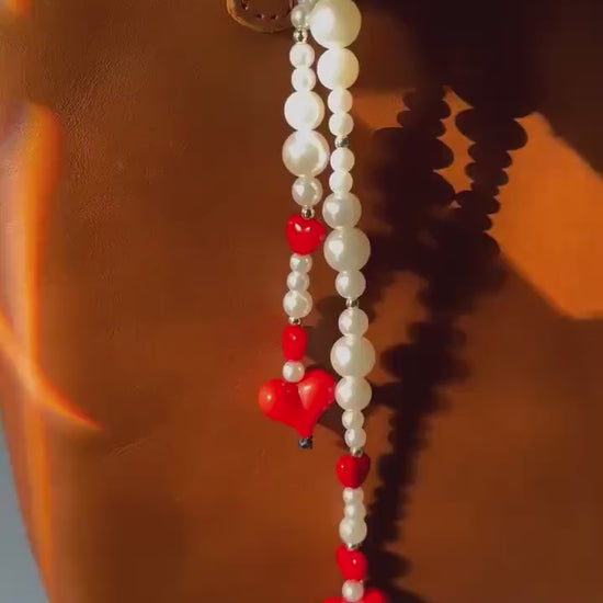 Red Heart & Pearl Purse Charm, Retro Beaded Bag Accessory, Handbag Jewelry