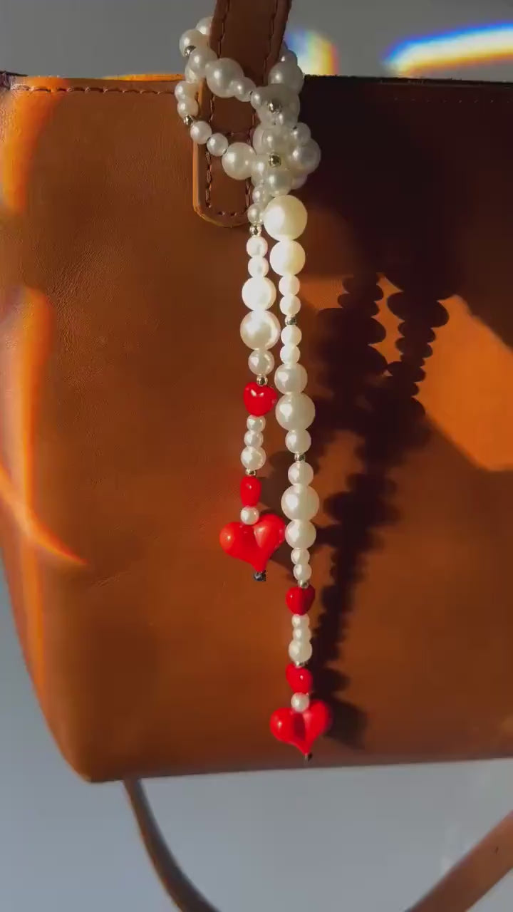 Red Heart & Pearl Purse Charm, Retro Beaded Bag Accessory, Handbag Jewelry